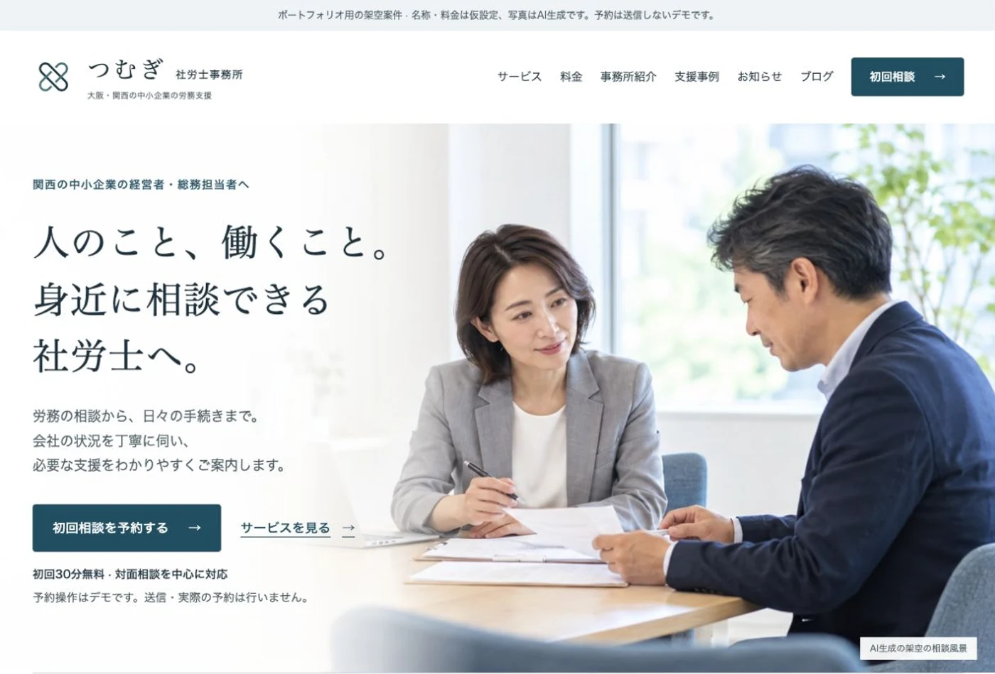 つむぎ社労士事務所のサイト。相談風景と分かりやすい見出し